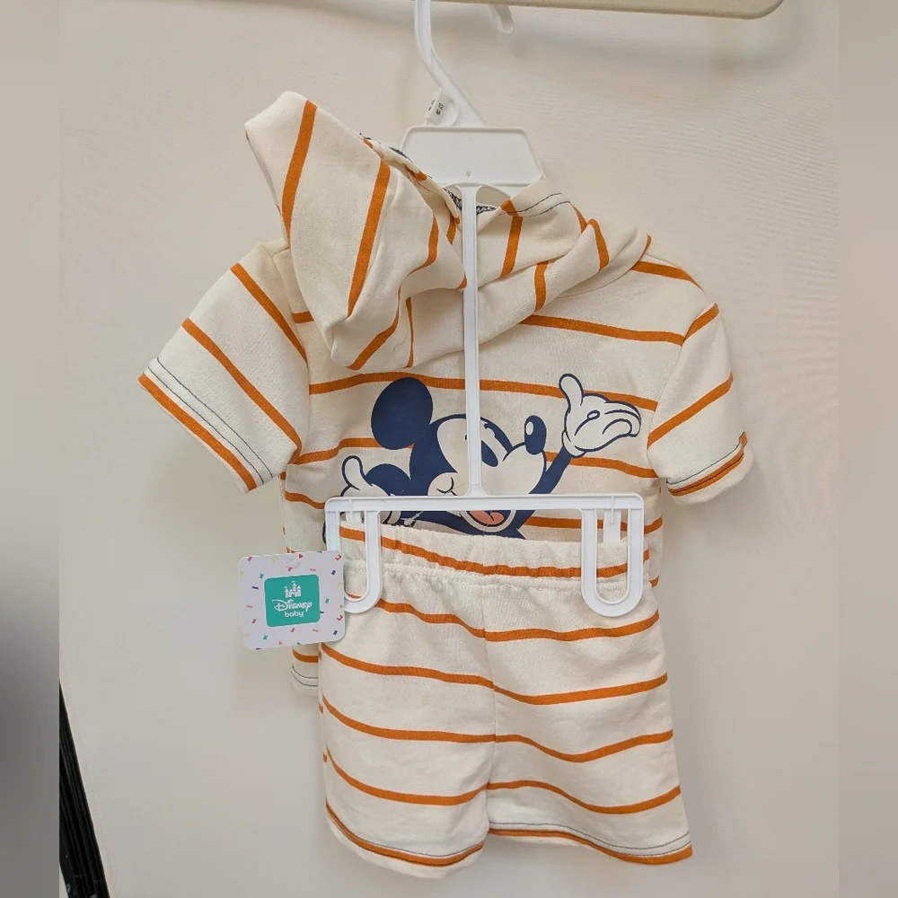NWT Disney Baby Cream Striped Two Piece Shirt Hoodie And Shorts Size 12 Months